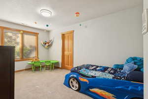 Bedroom featuring carpet flooring and a textured ceiling