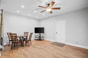 Dining area featuring recessed lighting, light wood-style flooring, and ceiling fan