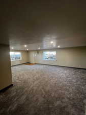 Basement Living room with a textured ceiling, carpet flooring, and recessed lighting