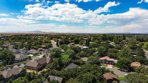Aerial perspective of suburban area featuring a mountainous background