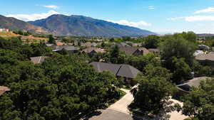 Aerial view of residential area with a mountain backdrop