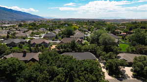Aerial view of residential area with mountains