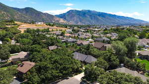 Aerial view of residential area with mountains