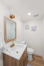 Bathroom featuring vanity, wood finished floors, and recessed lighting