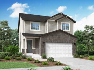 View of front of house with concrete driveway, a garage, brick siding, and covered porch