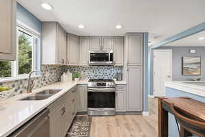 Kitchen with gray cabinetry, stainless steel appliances, decorative backsplash, recessed lighting, and light wood-style flooring