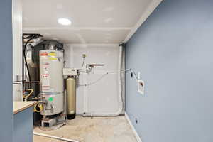 Utility room featuring secured water heater