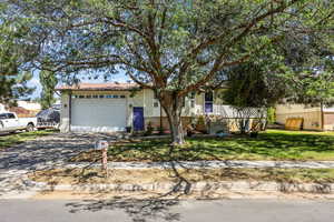 View of front of house with driveway, an attached garage, and a front lawn