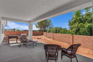 Fenced backyard with a patio area and a grill