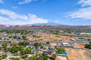 Aerial view of residential area with a mountain backdrop
