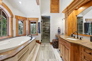Full bath featuring healthy amount of natural light, a garden tub, vanity, a stall shower, and vaulted ceiling