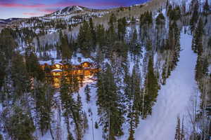 Snowy aerial view featuring a mountain view and a wooded view