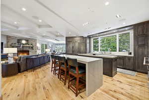 Kitchen with dark brown cabinets, a breakfast bar, light stone counters, a stone fireplace, and light wood-style flooring