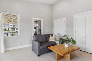 Living room featuring carpet floors and a high ceiling