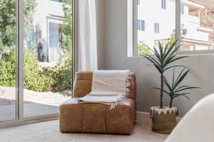 Sitting room featuring carpet flooring