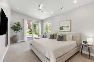 Bedroom with vaulted ceiling, access to outside, light colored carpet, ceiling fan, and recessed lighting