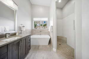 Bathroom featuring vanity, a freestanding tub, and walk in shower
