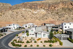 Aerial perspective of suburban area featuring mountains
