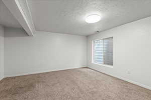 Carpeted spare room featuring baseboards and a textured ceiling