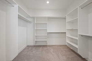 Walk in closet with light carpet
