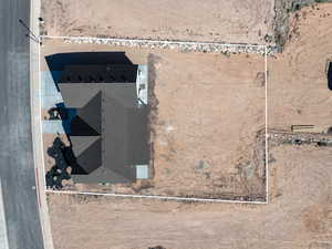 Aerial view of property and surrounding area with property parcel outlined