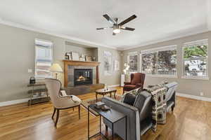 Living area featuring light wood-type flooring, crown molding, a fireplace, and a ceiling fan
