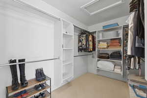 Spacious closet featuring light colored carpet and attic access