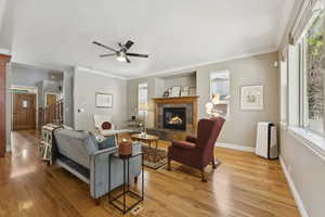 Living area with crown molding, healthy amount of natural light, light wood finished floors, and a tiled fireplace