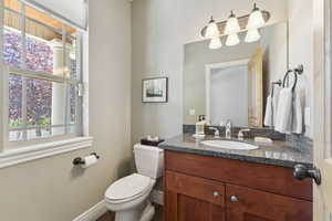 Half bath featuring vanity and toilet