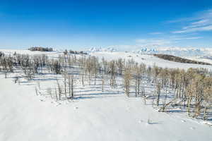 Snowy aerial view featuring a mountain view