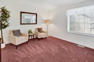 Sitting room with vaulted ceiling, carpet, and healthy amount of natural light