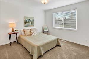 Bedroom with light colored carpet