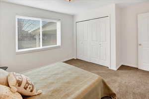 Bedroom with carpet flooring and a closet