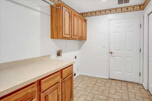Washroom with hookup for an electric dryer, washer hookup, and cabinet space