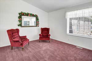 Sitting room with carpet flooring, plenty of natural light, and vaulted ceiling