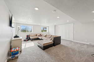 Carpeted living room featuring a textured ceiling and recessed lighting