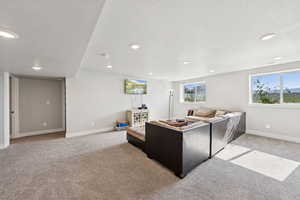 Living room featuring light colored carpet, a textured ceiling, and recessed lighting