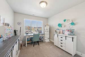 Office area with light colored carpet and baseboards