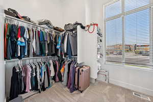 Spacious closet featuring light carpet