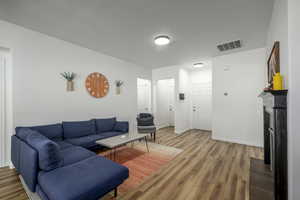 Living room featuring a fireplace and wood finished floors