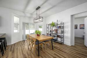 Dining room featuring wood finished floors and healthy amount of natural light