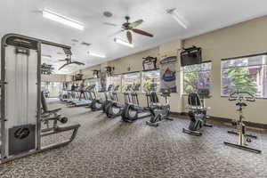 Exercise room with ceiling fan, a textured ceiling, and carpet