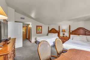 Bedroom with lofted ceiling and carpet