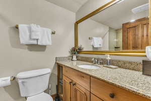 Full bathroom featuring a textured wall, vanity, and a shower