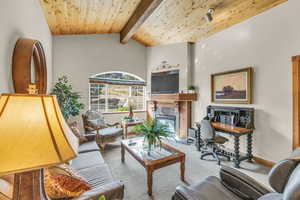 Living room featuring carpet flooring, a fireplace, and wood ceiling