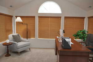 Office featuring vaulted ceiling and light colored carpet