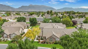Aerial view of residential area with mountains