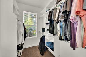 Walk in closet featuring dark colored carpet