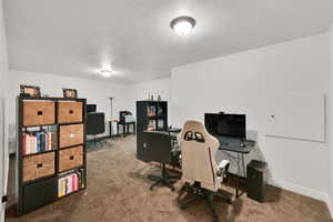 Carpeted home office with a textured ceiling