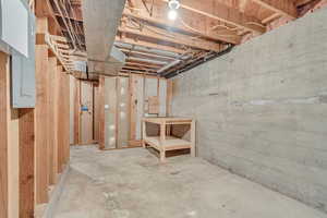 Unfinished basement with electric panel